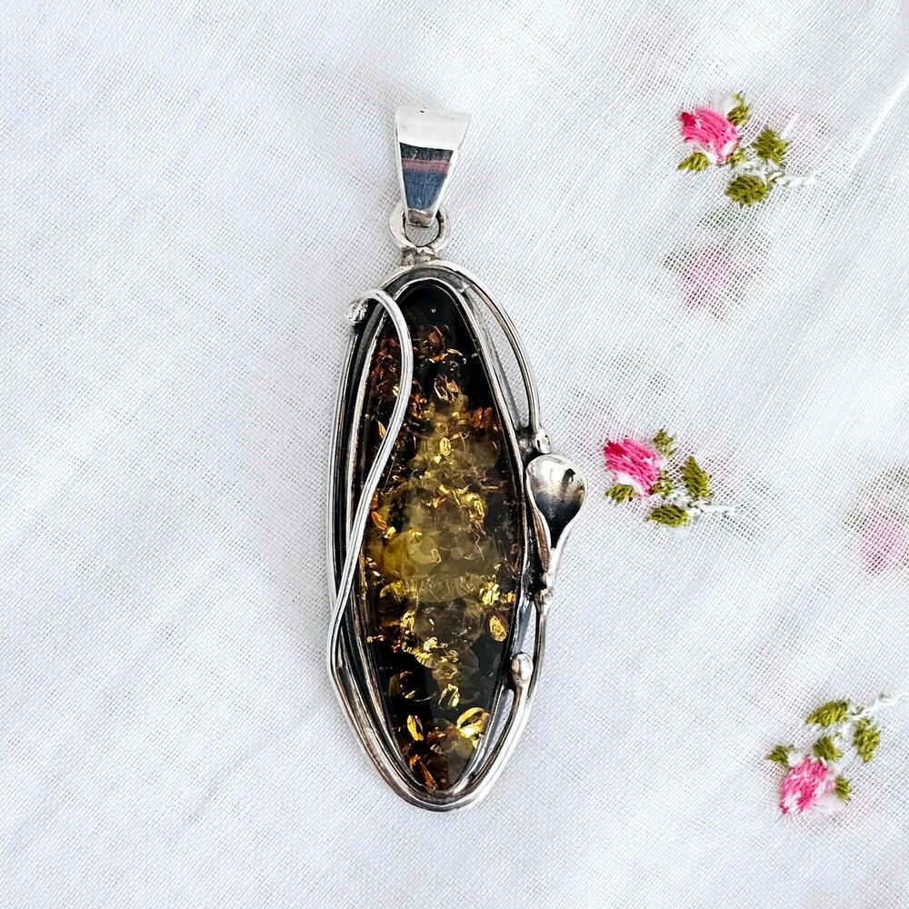 Large Green Baltic Amber Sterling Silver Pendant Handmade Artisan Flower Leaves